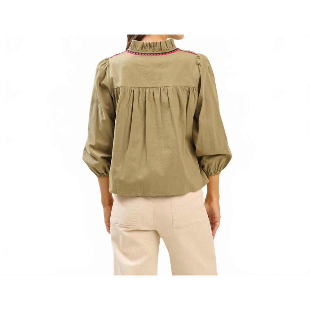 NEW ABLE sloane embroidered collar blouse in olive - Picture 3 of 4